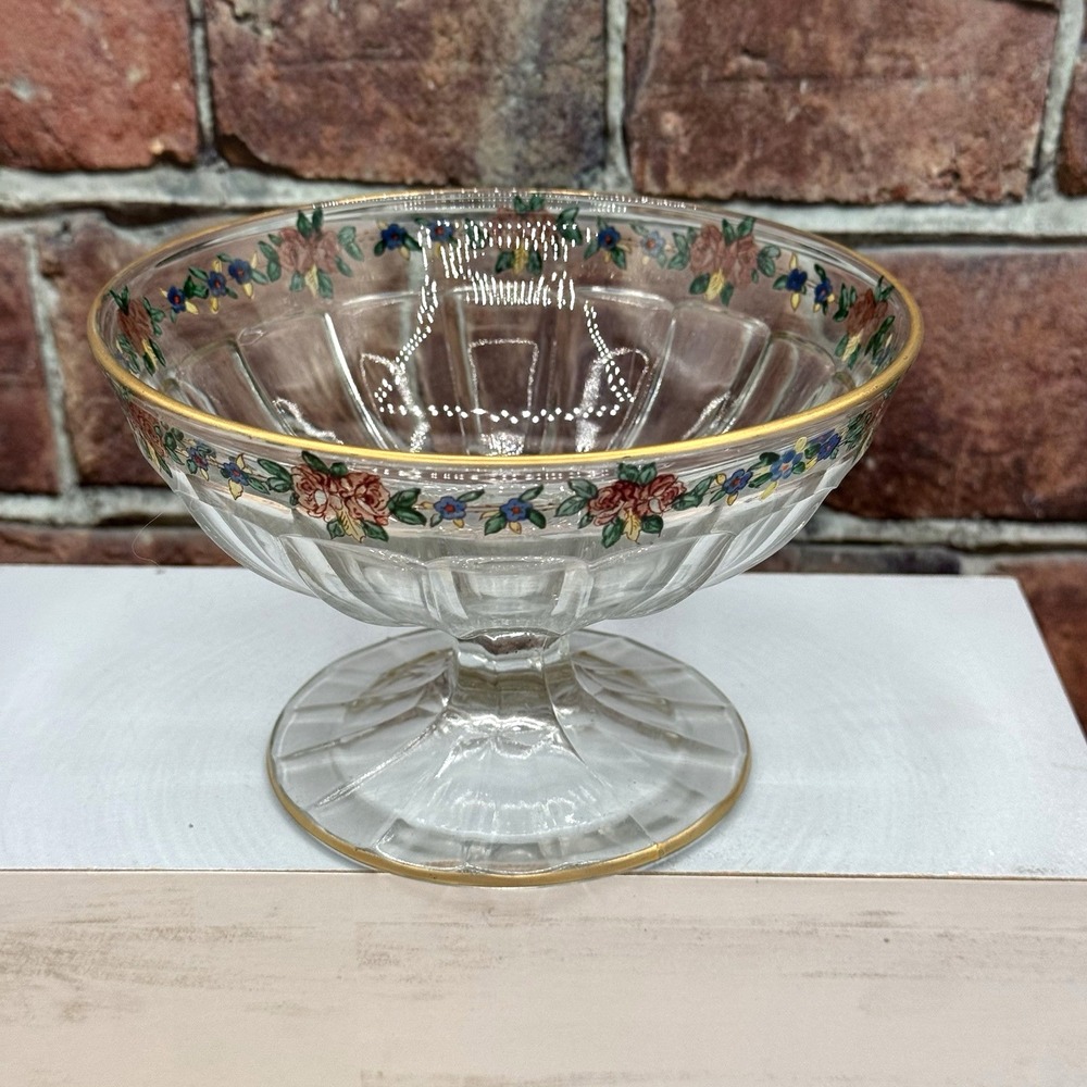 Vintage Glass Compote Pedestal Bowl UV REACTIVE‎ Maganese Hand-Painted Floral - Picture 2 of 8